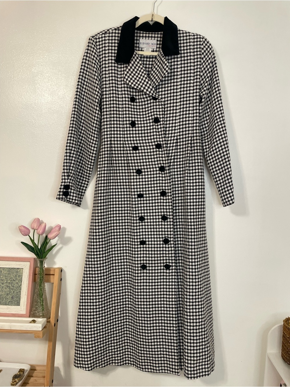Black and white gingham checkered maxi dress coat style collared with waist tie
